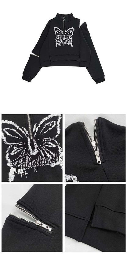 Butterfly Dream Fairyland Zipped Up Street Punk Rock Black Sweater