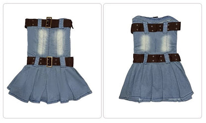 Y2K Denim Pleated Dress with Brown Belts Sexy Punk Rock Girl Summer