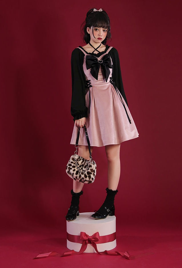 Bow Pretty Girl Black Pink Velvet Strap Dress