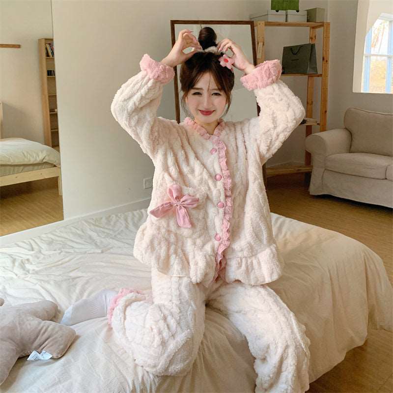 Japanese Girl Fashion Woman Autumn Winter Warm Bow Cream Pink White Soft Fluff Plush Cute Top Pants Two Piece Set Pajamas