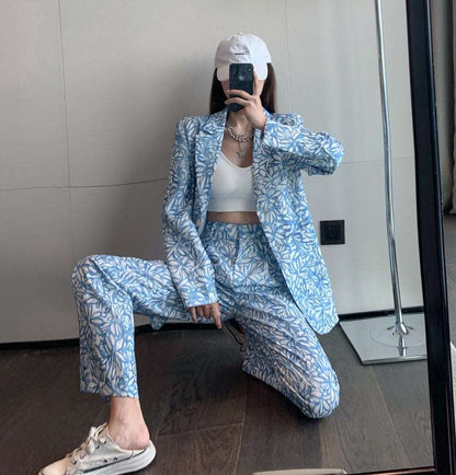 Blue Flower Chic Retro Spring Autumn Fall Fashion Women Jacket Suit Pant Trouser Two piece Set