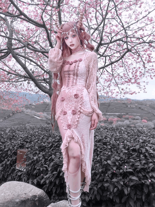 Guardian of Sakura Tress Gothic Lace Velvet Pink Rose Top Skirt Two Piece Set