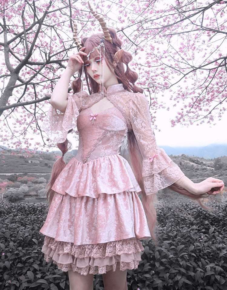 Blood Supply Guardian of Sakura Tress Gothic Lace Velvet Pink Cake Short Dress