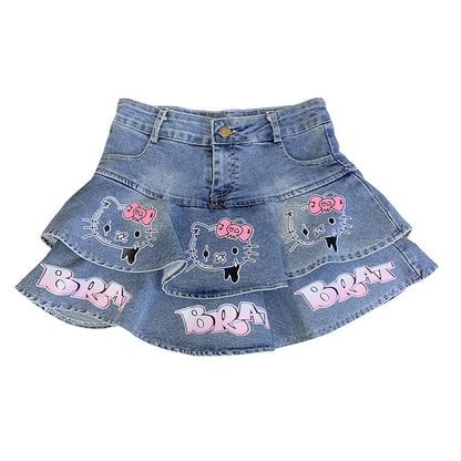 Kitty Cat Pink Street Hiphop Style Y2K Hot Girl Short Denim Cake Skirt