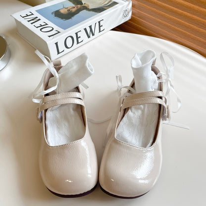 Balletcore Silver White Black Cute Leather Mary Jane Flats Shoes