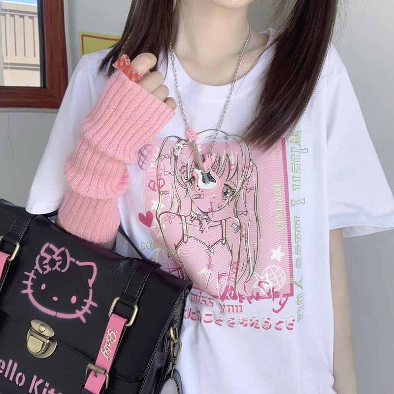 When I Miss You Anime Girl Y2K Print White Oversize T-shirt Tees Top