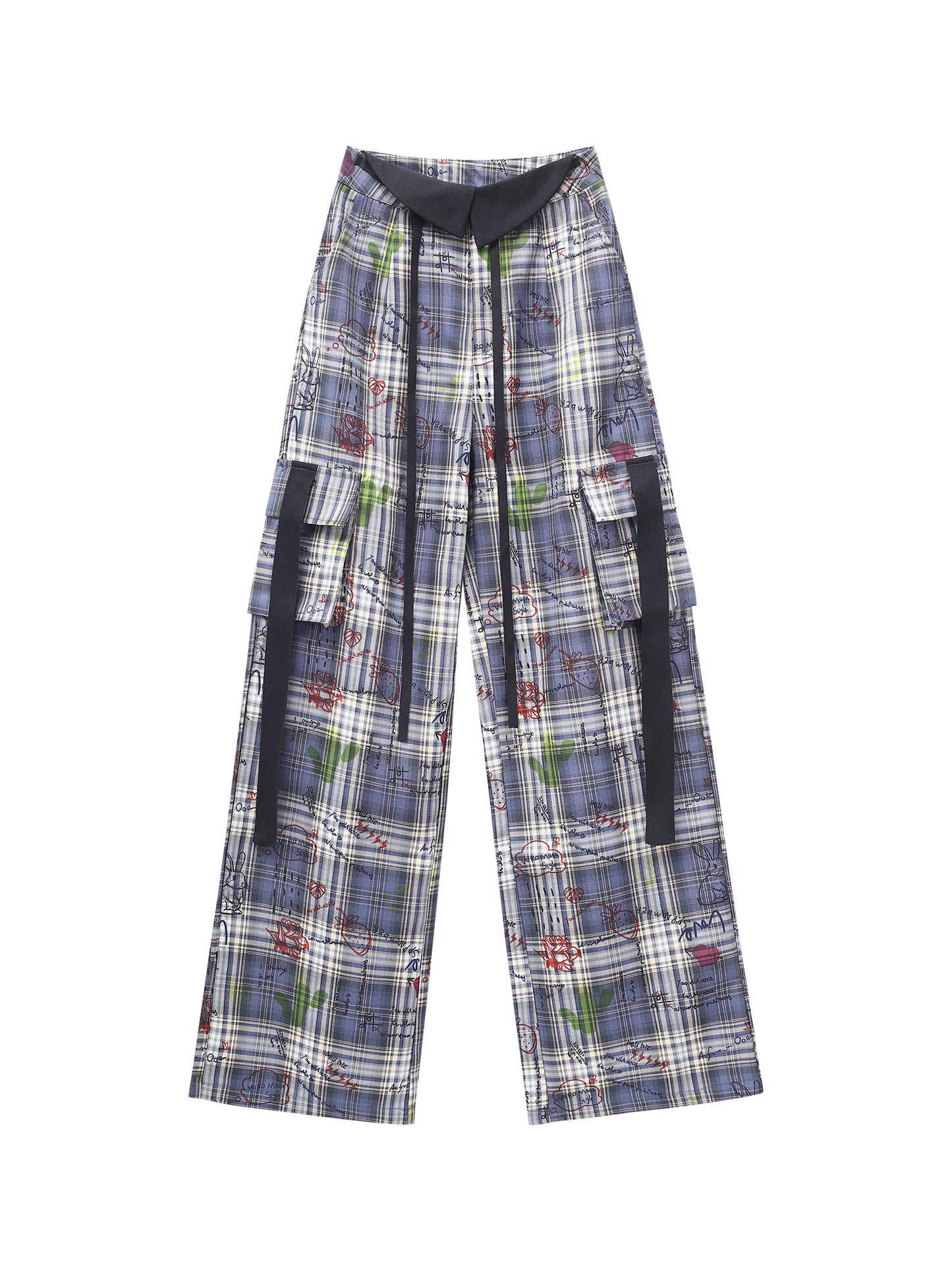 Y2K Art Student Graffiti Blue Plaid Loose Casual Pants