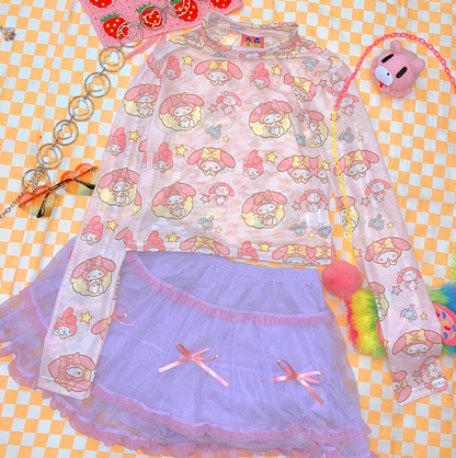 Melody Cartoon See Through Harajuku Anime Hot Pink Sexy Y2K Thin Summer Shirt Top