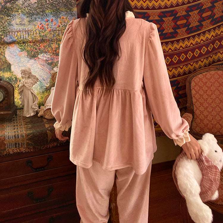 Sweet Big Bow Flannel Pink Gray Navy Color Women Long Sleeve Tops & Pants Pajama Sleepwear