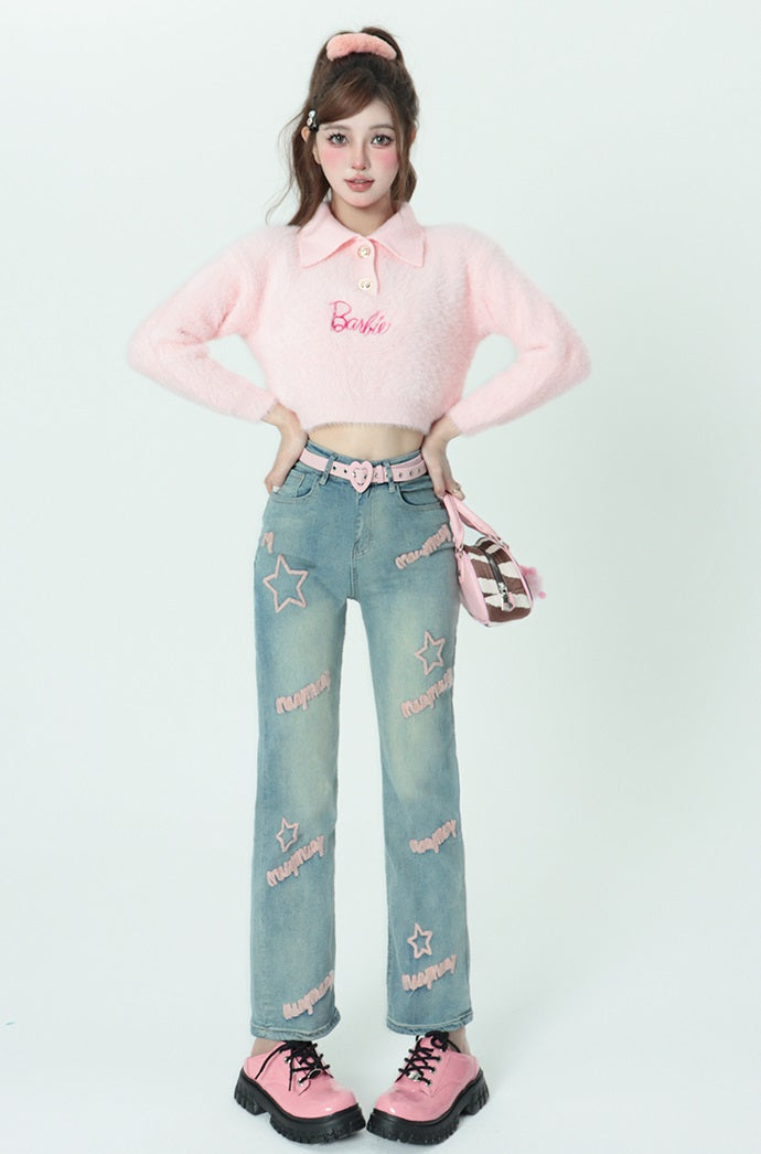 Bubblegum Plush Fur Polo Collar Knit Pastel Pink Sweater