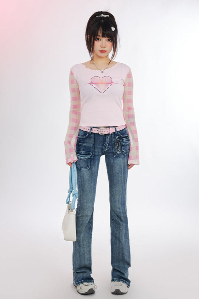 Heart Plaid Sleeve Pastel Y2K Pink Purple Long Sleeve Shirt Top