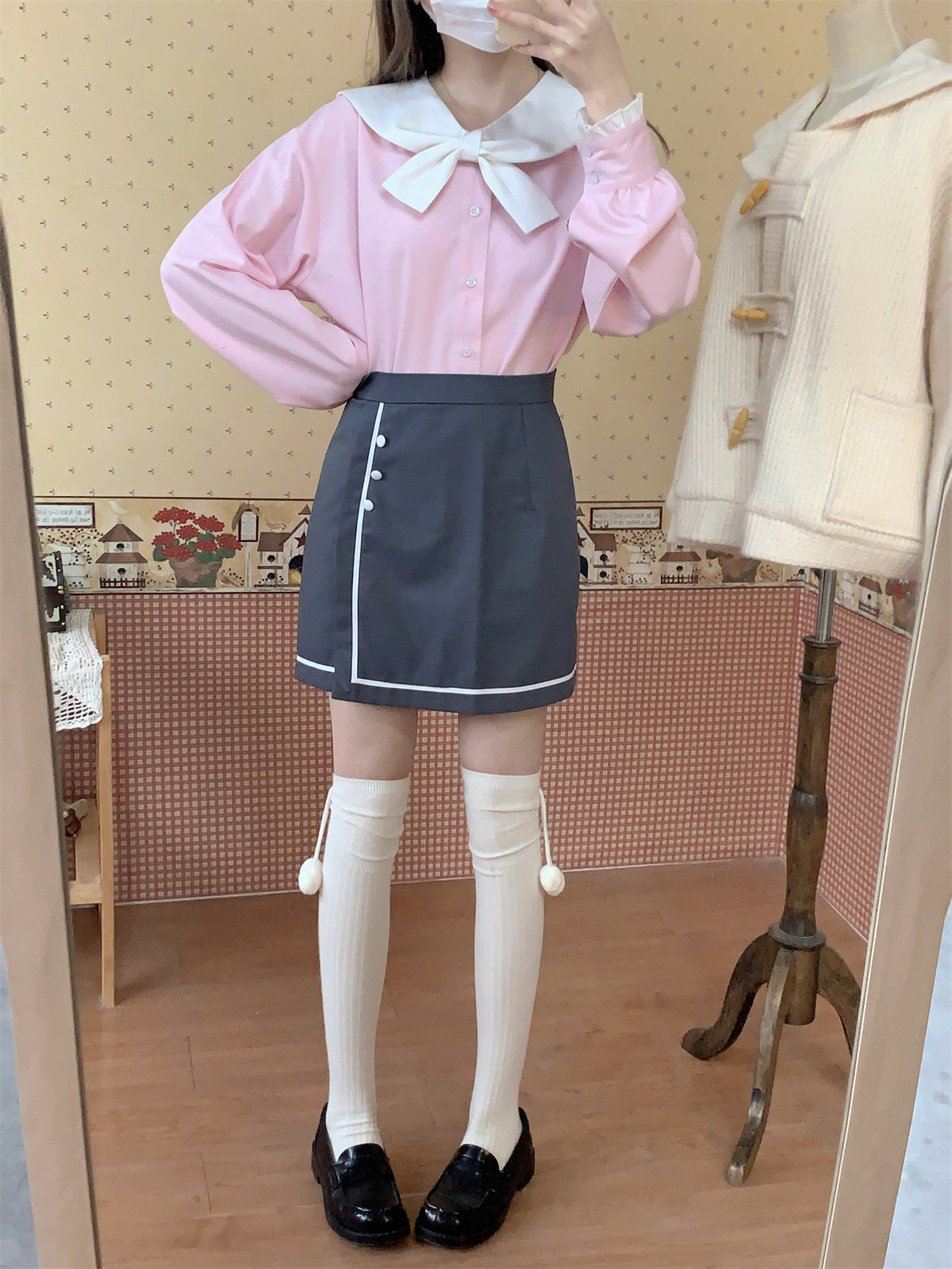 Cute Soft Pastel Pink Sailor Collar Long Sleeve T-Shirt Top