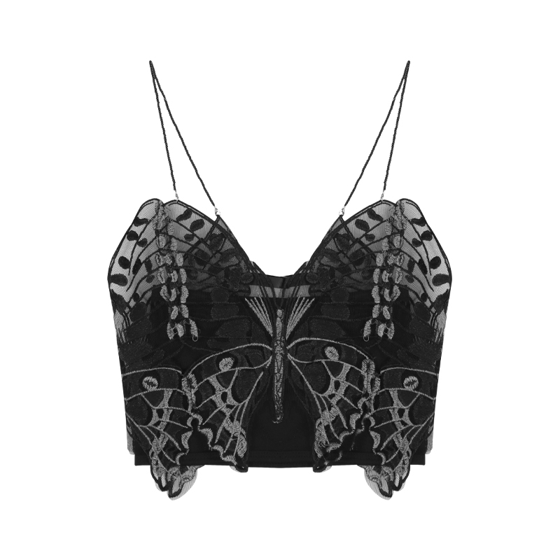 Sexy Black Butterfly Spaghetti Strap Tank Top Y2K Style Summer Girl