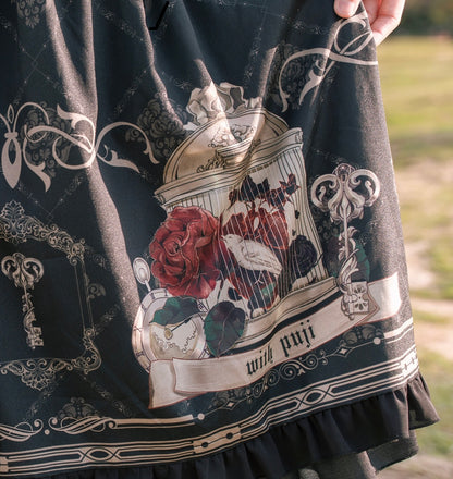 Universal Lolita Nightingale and Rose Birdcage Black Red Gothic Goth Girl Strap Dress