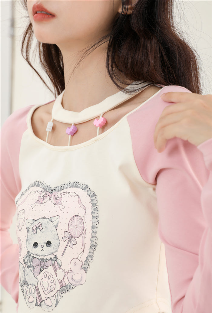 Raglan White Pink Cat Kitten Print Top Shirt