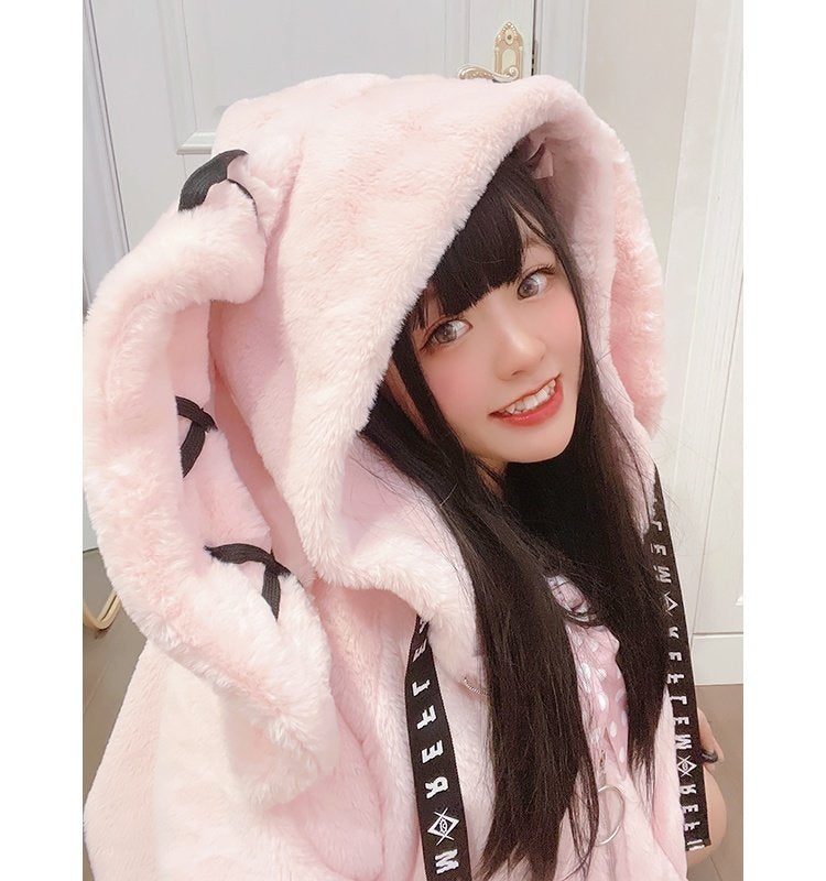 Gothic Soft Fluffy Plush Cross Pattern Rabbit Bunny Ears Pink Black Long Jacket Coat