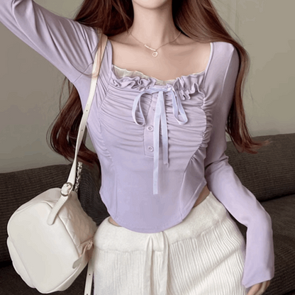 White Purple Sweet Beautiful Girl Women Lace Ribbon Long Sleeve Shirts