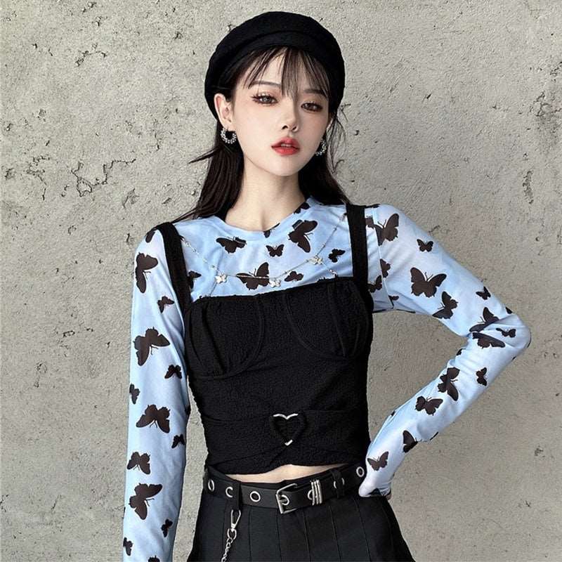 Butterfly Mesh Suspender Strap Black Two Piece Short Top Sweet Spicy Goth Girl Women Fashion Black Chain Skirt Suit Three Piece Set