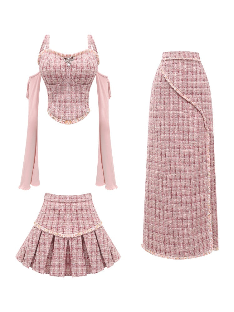 Old Money Gold Plaid Sweet Pink Top Skirt Two Piece Set