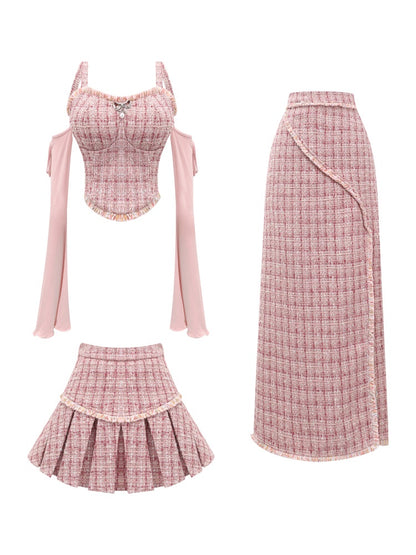 Old Money Gold Plaid Sweet Pink Top Skirt Two Piece Set