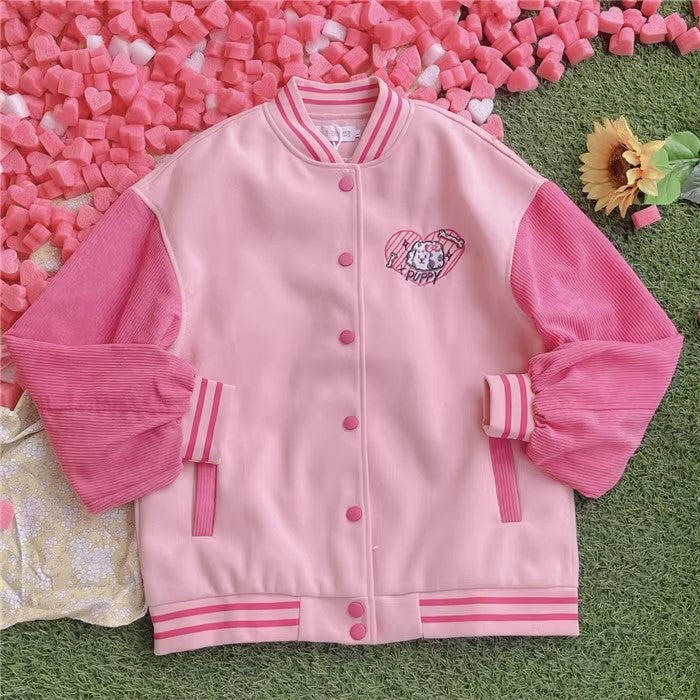 Harajuku Style Puppy Dog Heart Hot Pink White Baseball Jacket