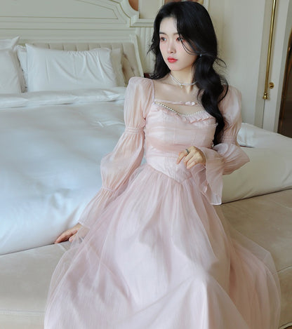 Blue Angel French Elegant Classic High Waist Bow Lace Puff Pearl Princess Tulle Pink Dress