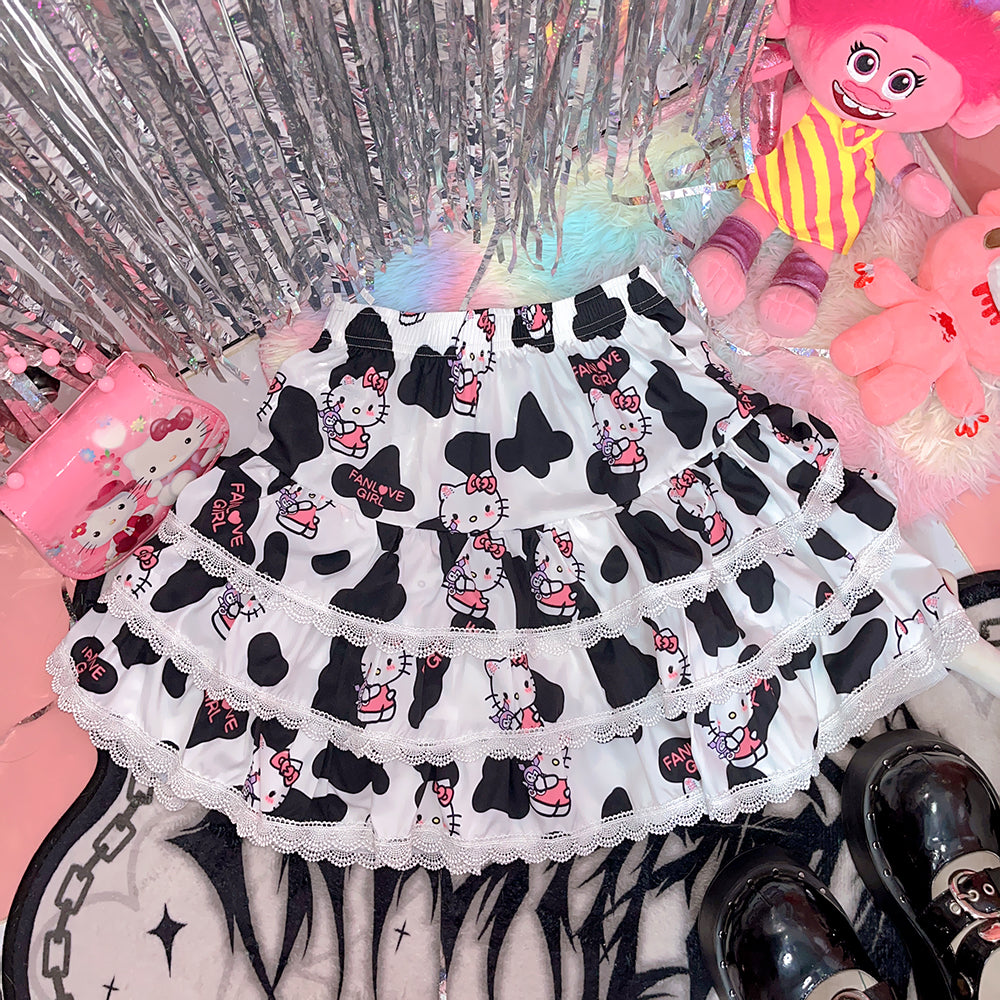 Y2K Harajuku Black White Cow Pattern Kitty Punk Rock Girl Gathered Elastic Short Mini Skirt