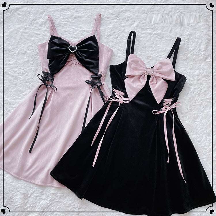 Bow Pretty Girl Black Pink Velvet Strap Dress