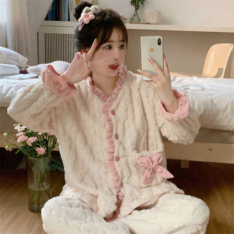 Japanese Girl Fashion Woman Autumn Winter Warm Bow Cream Pink White Soft Fluff Plush Cute Top Pants Two Piece Set Pajamas