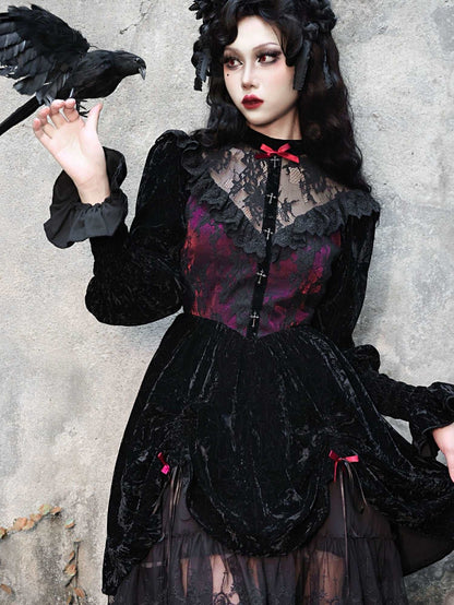 Dark Gothic Dream Rose Lace Drawstring Velvet Puff Sleeve Dress