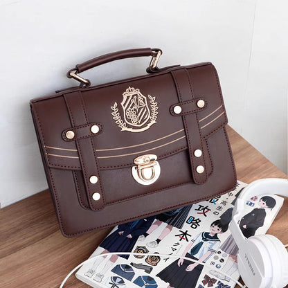 Retro Vintage Student Brown Black Leather Golden Button Crest Academia School College Briefcase Bag