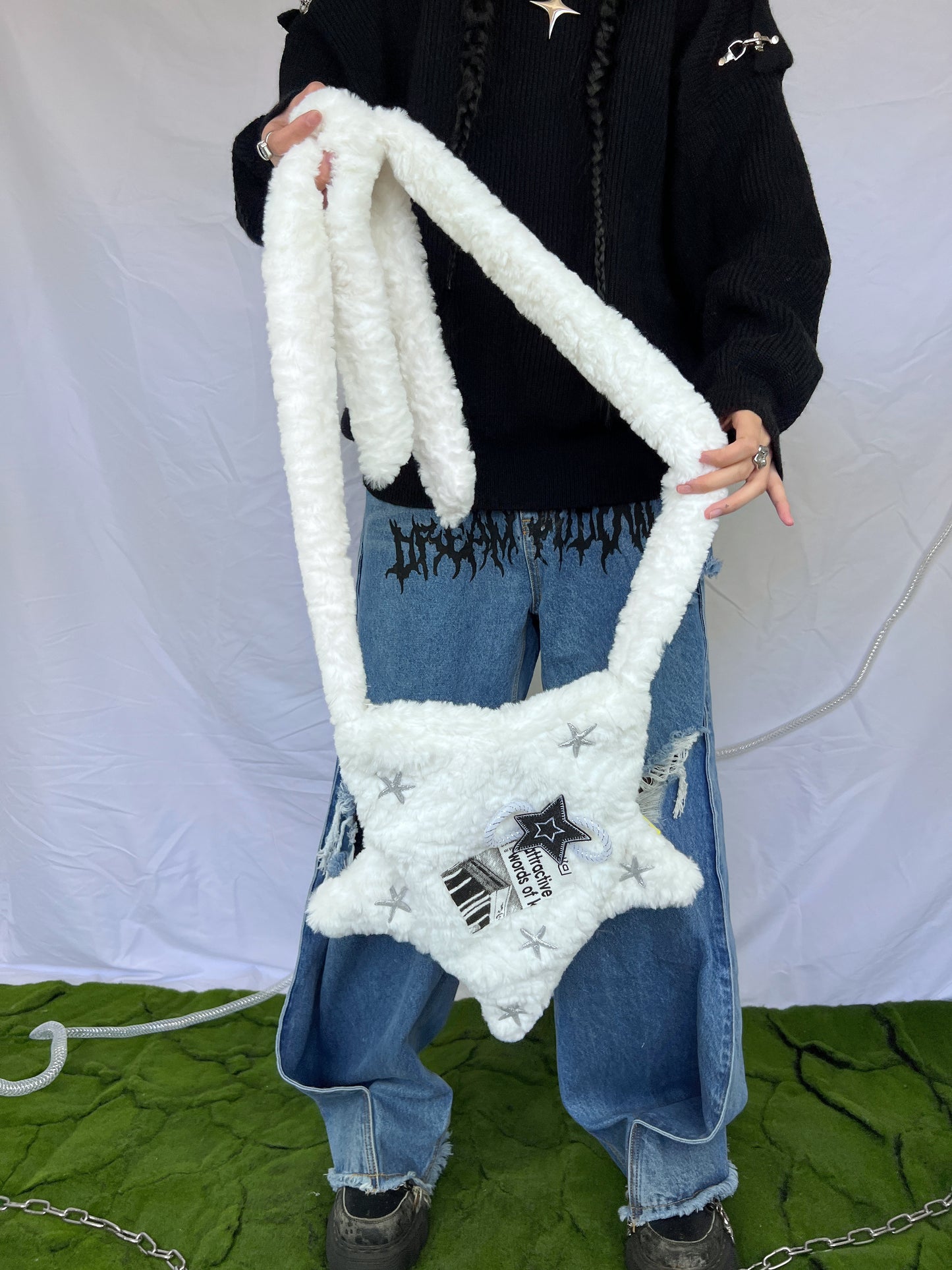 Plush Fluff Retro Autumn Winter Y2K White Black Star 3D Messenger Bag