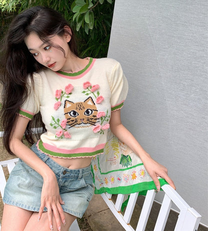 Tiger Cat Embroidery Short Sleeve Knit Top Shirt