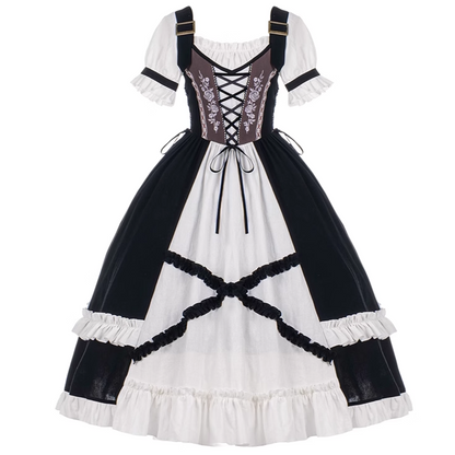 Vintage Cottagecore Bavarian Rose Black Suspender Strap Elegant Dollcore Autumn Fall Girl Dress