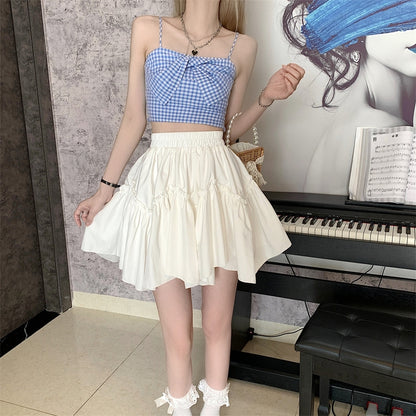 Coquette Summer Spring Girl Women White Black High Waist Gathered A Line Skirt