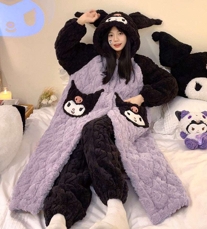 Black & Purple Devil Cartoon Thick Winter Pajamas Hooded Bathrobe & Pants