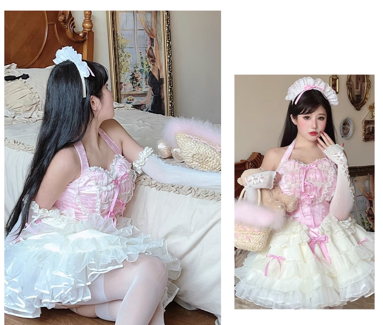 Diamond Sweetheart Love Maid Lace Hearts Black Pink Strap Tulle Dress