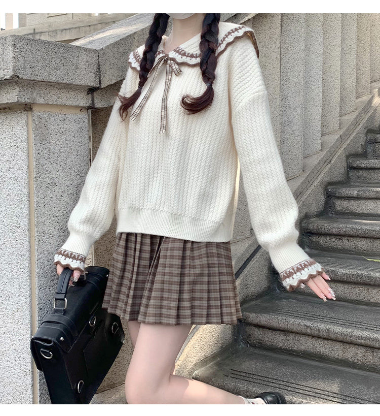 White Navy Brown Sailor Collar Bow Autumn Winter Sweater