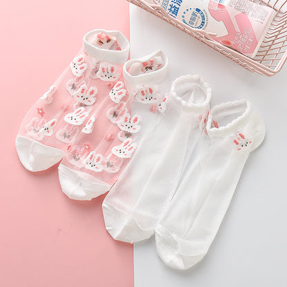 Rabbit Flower Transparent See Through Socks 6 Pairs Set