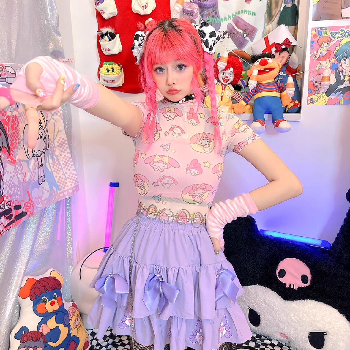 Melody Cartoon See Through Harajuku Anime Hot Pink Sexy Y2K Thin Summer Shirt Top