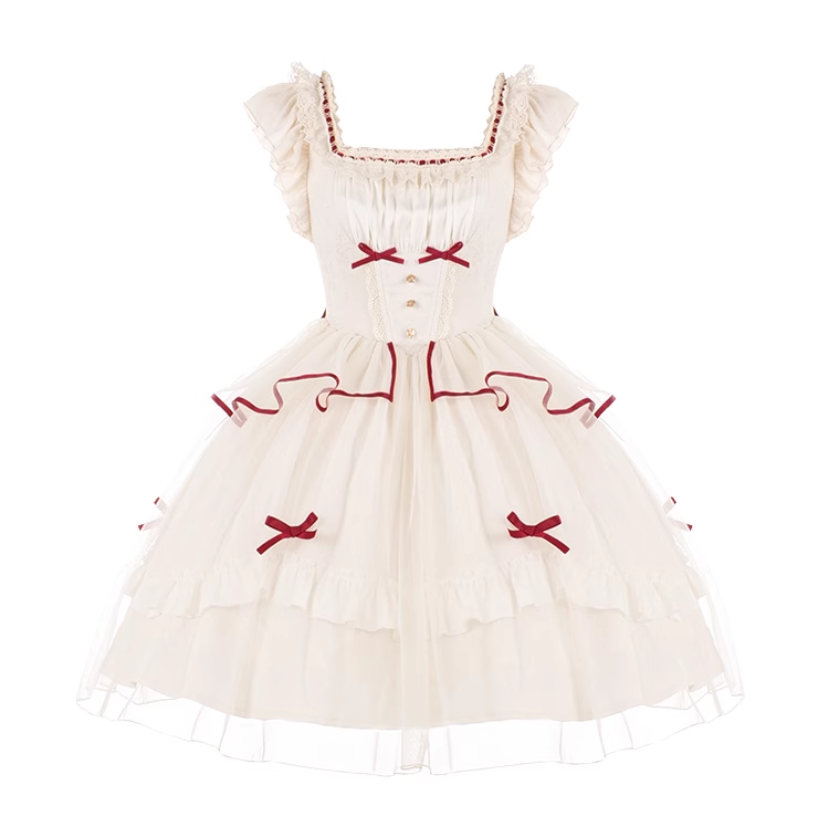 Symphonic Poem Red White Sweet Princess Lace Bow Dollcore Girl Dress