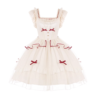 Symphonic Poem Red White Sweet Princess Lace Bow Dollcore Girl Dress