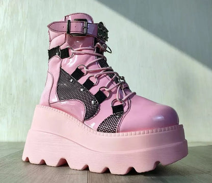 Pink Killer Black Pink Lace Wedge Plantform Boots