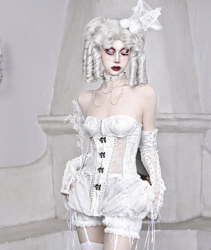 Blood Supply The White Doll Goth Princess Silver Cross Fishbone Birdcage Corset Four Piece Set