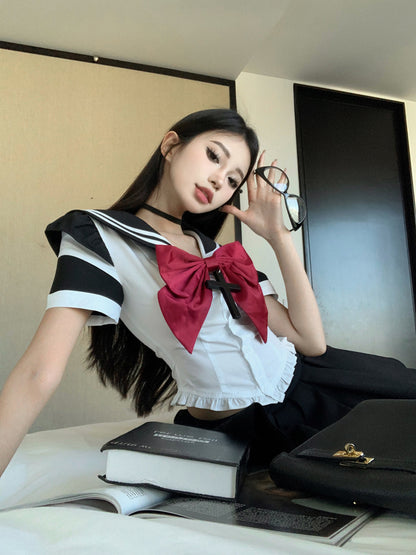 Japanese Sailor Uniform Seifuku Red & Black Cute Bow Shirt Skirt Two Piece Set