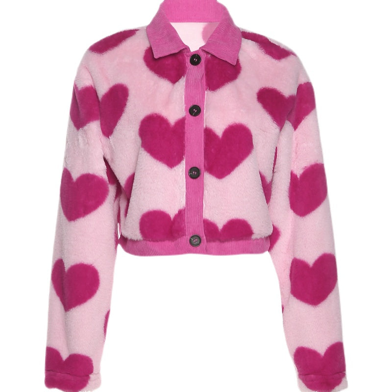 Heart Shaped Hot Pink Print Plush Jacket