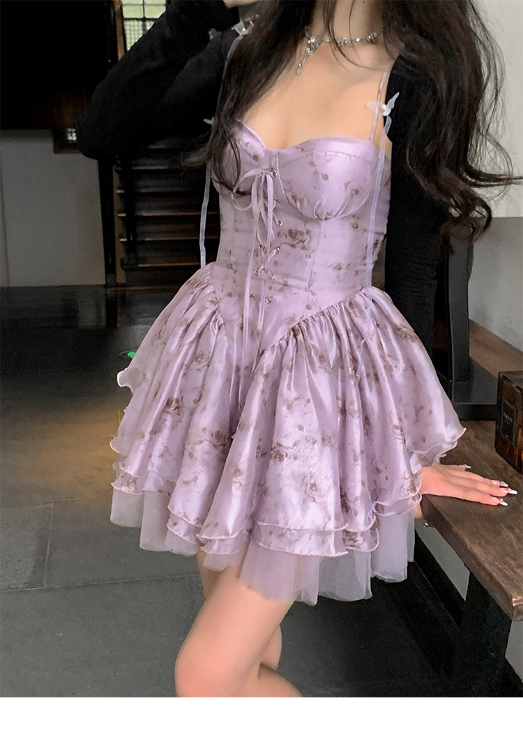 Lilac Purple Rose Floral Pattern Fairy Princess Strap Sling Short Dress