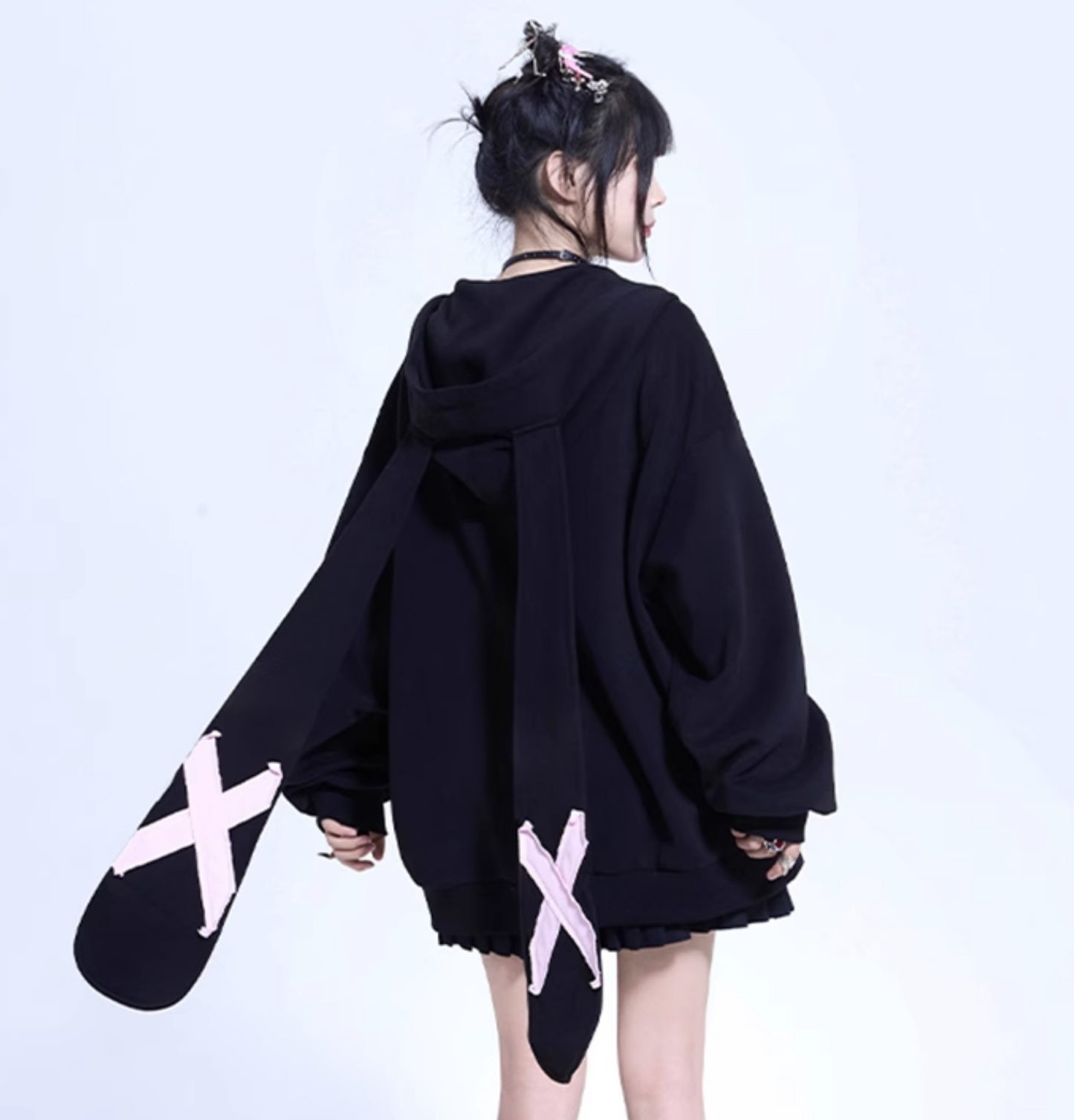 Rabbit Ears Pink Cross Cool Trendy Goth Sweatshirt Jacket Oversize Black Hoodie