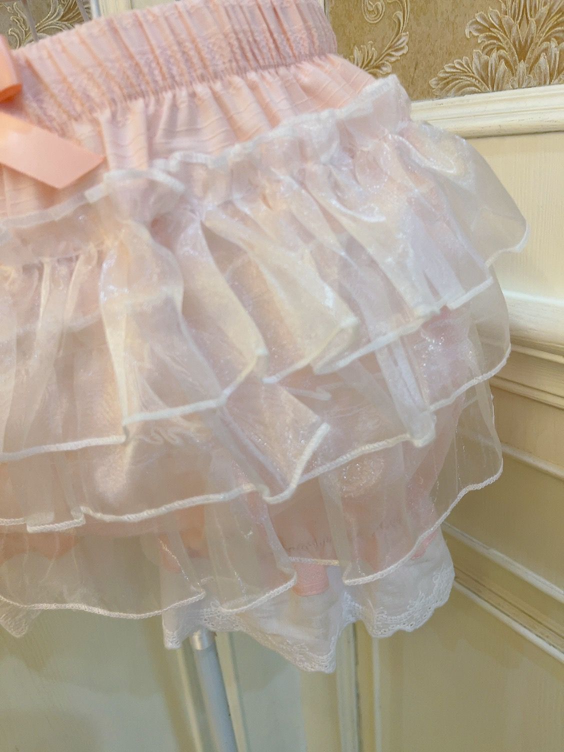 Sweetheart Princess Bow Layered Ruffled White Pink Gathered Short Skirt