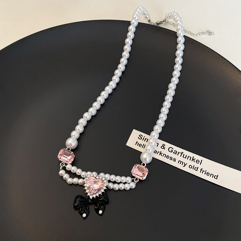 Pink Heart Black Bow Pearl Necklace Pendant